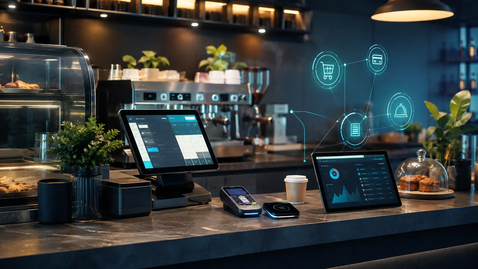 Visual conceptual de una operación de cafetería conectada con punto de venta y pagos