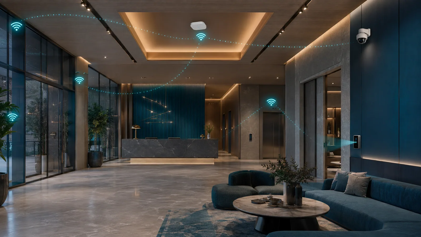 Visual conceptual de conectividad inalámbrica y control de acceso en un entorno hotelero